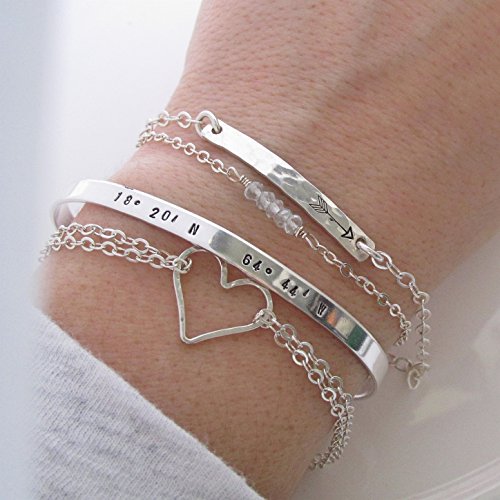 Layering Bracelet Set of 4 - Dainty - Silver Bar Bracelet - Skinny Stacking Birthstone Bracelets - hand stamped jewelry coordinates