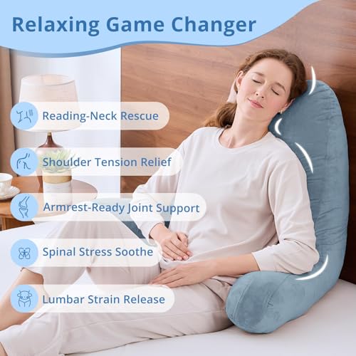 Image of Sasttie Reading Pillow for Bed, Back Pillow for Sitting Up, Greyish Blue | 25 inch Backrest Support Cushion for Couch, Sofa, and Floor, Dorm Essentials, OEKO-TEX, Adjustable Down Alternative Fill