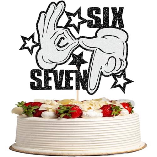1 pieza 7th cumpleaños Cake Topper Divertido Glitter Six Seven decoración para tartas I war 6 ahora soy 7 pasteles decoración para saludos a 7 años cumpleaños fiesta decoración de tartas negro plata