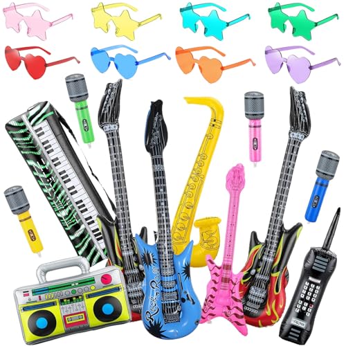 20Pcs Inflatable Instruments Party Props with Funny Sunglasses Set Inflatable Rock Star Guitar Saxophone Bass Microphones Recorder Piano Photo Booth 80s 90s Rock N Roll Music Party Decorations