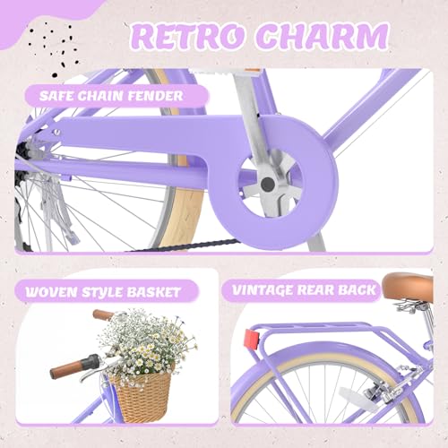 Image of XJD 20 24 26 Inch Girls Bike, 7-Speed Beach Cruiser Bike for Girls Youth and Over 6 Years Old, Kids Bicycles with Dual V-Brakes Rear Rack & Wicker Basket