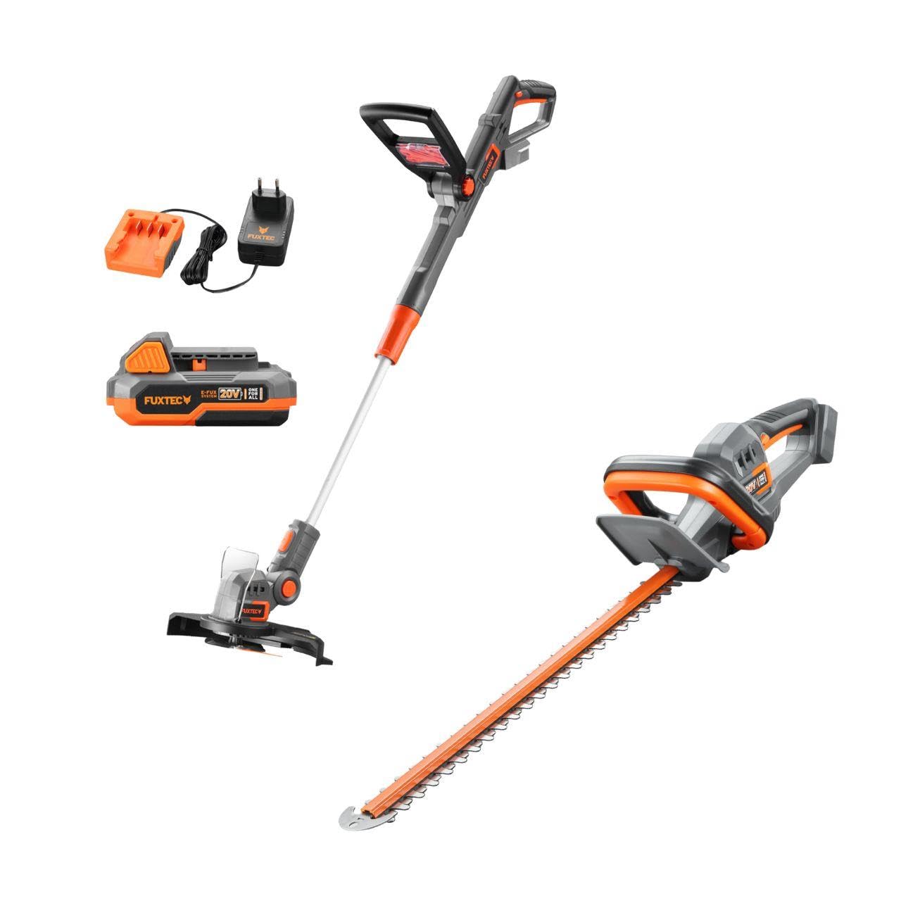 FUXTEC 20V Garten-Set FX-20VSET5 aus FX-E1RT20SET und FX-E1HS20-2,2Kg & 3,6Kg, 25cm Schnittbreite, 52cm Schnittlänge