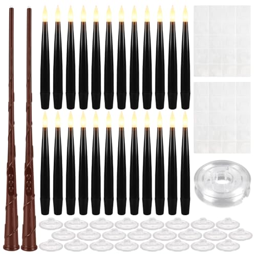 Image of 24 Pack Black Flameless Floating Candles with Wand Remote, Magic LED Hanging Taper Candles, Flickering Battery Operated Suspended Candlesticks for Halloween Decor, Gothic Wedding, Spooky Party & Haunt