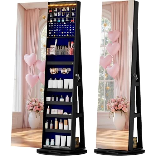 Image of LVSOMT LED Jewelry Cabinet with Sliding Full Length Mirror, Black | 360 Swivel Mirror with Storage, Lockable Jewelry Armoire Organizer with 22 Rear Shelves for Bedroom, Gift for Women