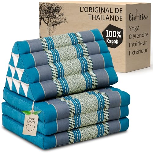 livasia Coussin thaï à 3 Blocs - 175x50x8cm - Coussin Triangulaire avec Matelas Pliable, Coussin en biseau kapok, Coussin de Soutien Dorsal Pliables, Tapis...