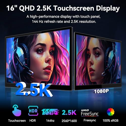 Image of Touchscreen Portable Gaming Monitor 16 Inch QHD 2.5K(2560x1600) Monitor 144Hz(USB C Port) IPS Display, Gaming Monitor for PC Laptop Ras Pi PS4 PS5, with HDMI USB C Built-in Speakers