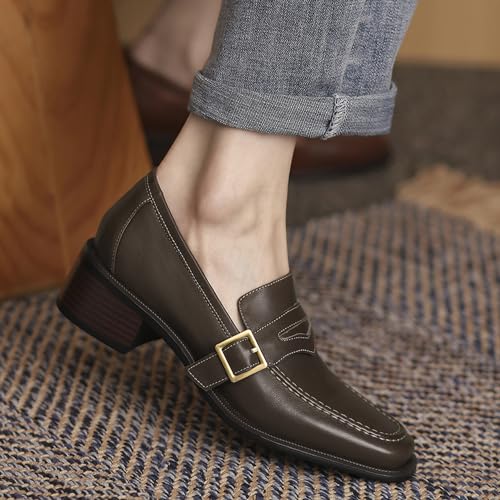 Image of MOOMMO Women Chunky Heel Penny Loafers Square Toe Buckle Slip On Comfort | Office Ladies Loafer Pumps 2 inch Stacked Block Heel Dress Loafers Oxfords Walking Dress Shoes Casual Size 4-11 M US
