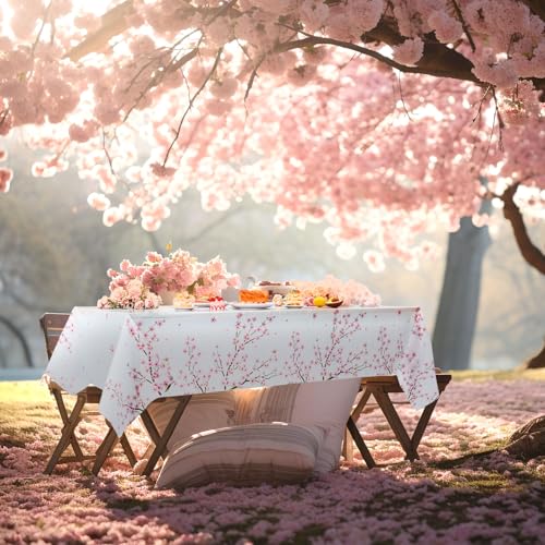 Image of Ganeen 3 Pcs Cherry Blossom Tablecloth Disposable Plastic Table Covers Cherry Waterproof Tablecloths for Baby Shower Birthday Party Decor, 54 x 108 Inch