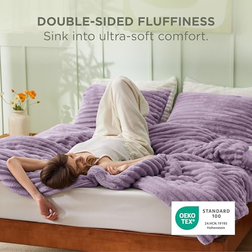 Image of Bedsure Queen Fluffy Comforter Set - GentleSoft 3 Pieces Luxury Fleece Bed Lavender Bedding, Cozy Room Decor Aesthetic, 1 Queen Bed Comforter (90 inchx90 inch) and 2 Pillowcases (20 inchx26 inch)