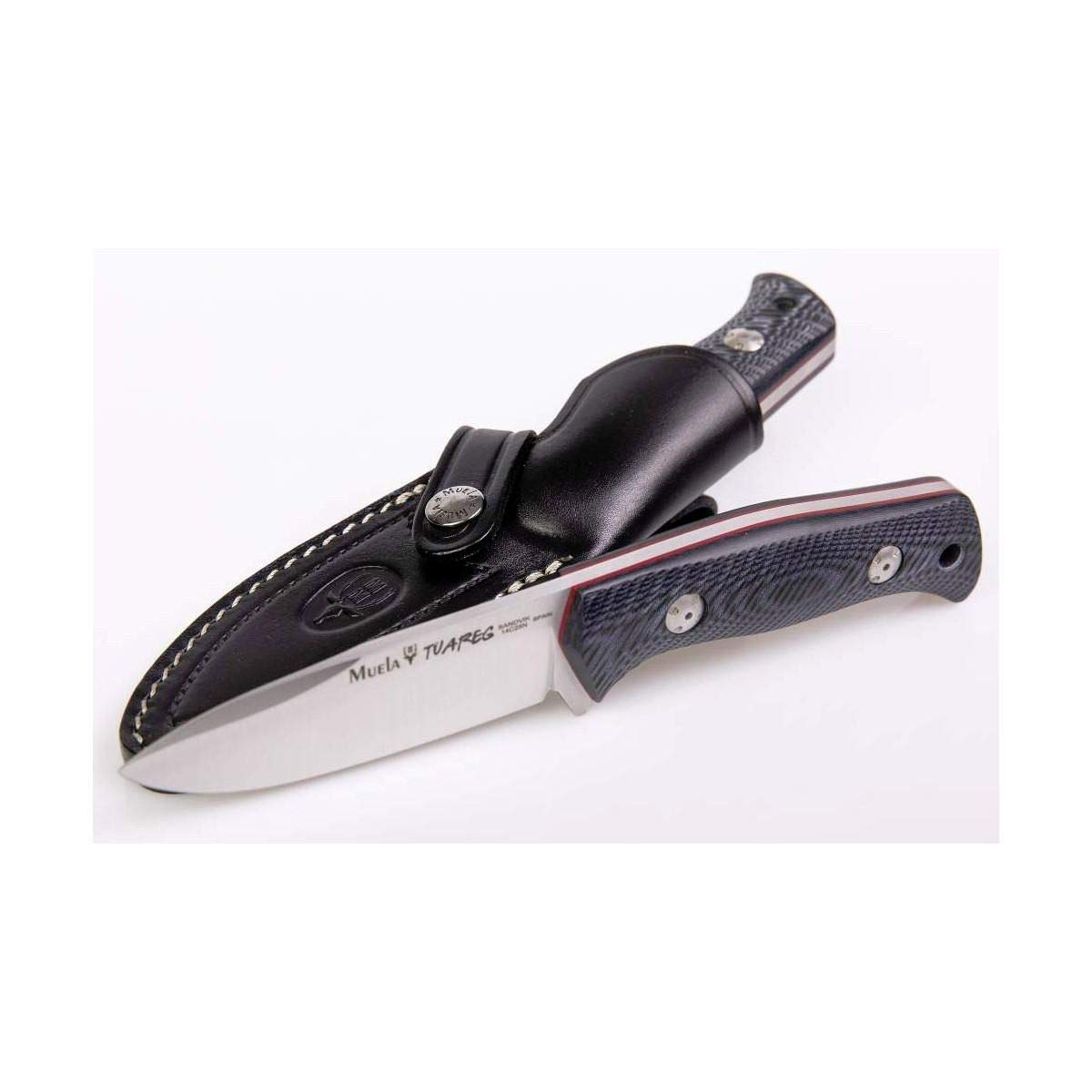 Muela cuchillo de supervivencia TUAREG-10M con hoja de acero Sandvik 14C28N de 10 cm y empuñadura de Micarta negra y azul de 11 cm para Caza, Pesca, Supervivencia y Bushcraft + Portabotellas de regalo