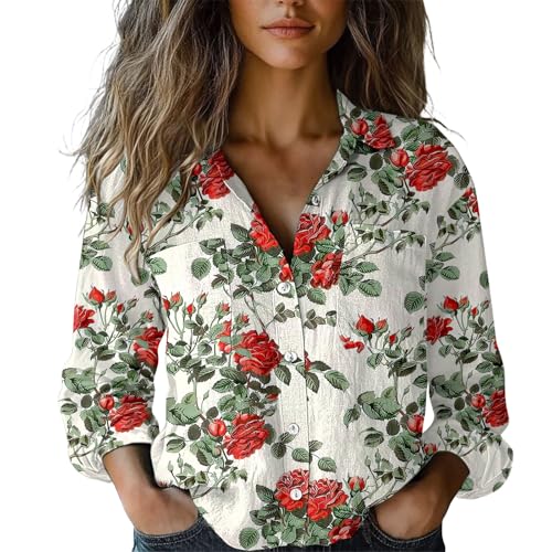 Chemise blanche femme à manches longues imprimée fleurie en grande taille col V