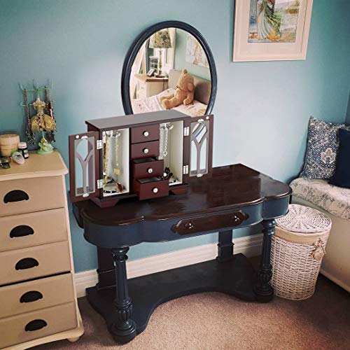 Jewelry Box - Made of Solid Wood with Cabinet Type 4 Drawers Organizer and 2 Doors on Sides Large Mirror - Dark Brown