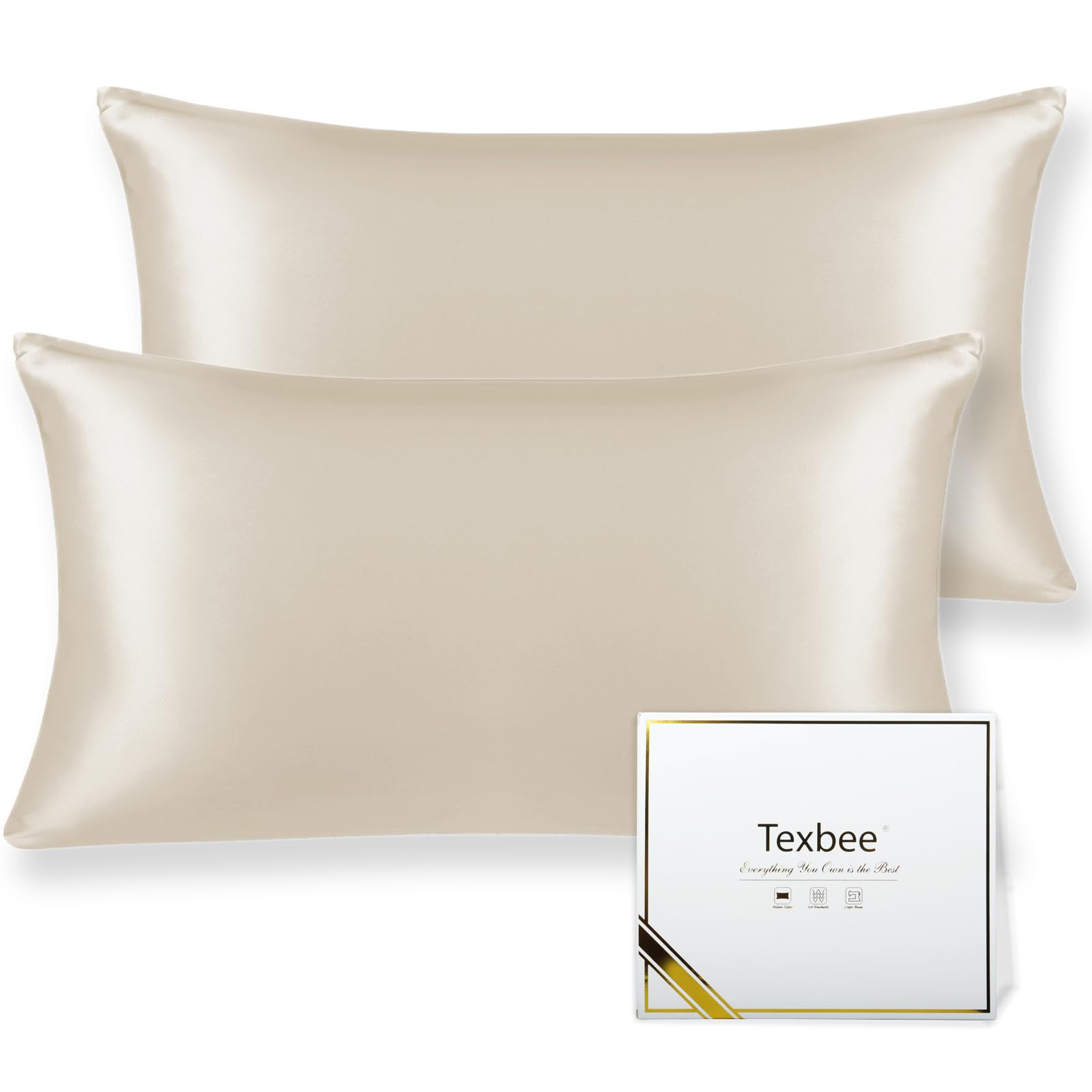 Texbee Funda de Almohada de Seda de Morera de, Adecuada para el Cabello y la Piel, Hecha de 22 Piezas de Seda Mom en Ambos Lados, 2 Piezas de 40 x 80 cm-Beige