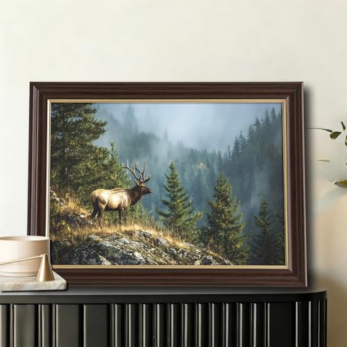 Image of Antique Framed Bull Elk Canvas Wall Art, Forest Wildlife Portrait Oil Painting Canvas Prints, Vintage Cabin Wall Decor Pictures for Living Room Bedroom Office