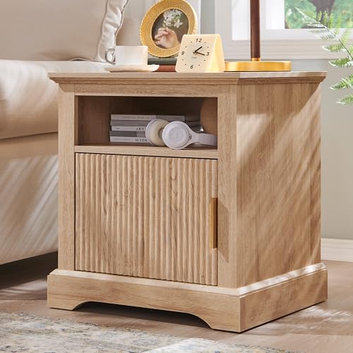 Fluted Nightstand with Charging Station, 22" Large Modern Side Ta...