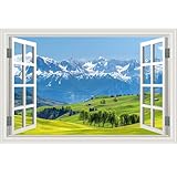 Fake Window Wall Sticker Mountain Forest Green Grassland Faux Window Poster Decal Picture Open Wall Art Decor, Stick and Peel Landscape Natural Scenery Canvas Scene Mural（48'x32',Set of 2 Sheets）