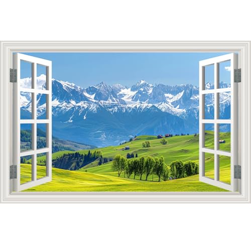 Fake Window Wall Decal- Mountain Forest Green Grassland Open Wall Sticker