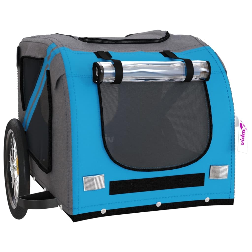 Remolque de bicicleta Perros Azul y Gris de Tela Oxford y Hierro Plegable con Ventana de Malla y Ventilación Carro de Transporte con Ruedas y Freno para Paseos al Aire Libre y Visitas