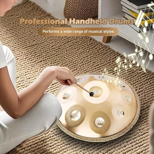 Image of PERLMAN Handpan 22-Inch, 10-Note Steel Hand Drum Set, 440 Hz - Premium Alloy Steel Handpan with Carry Case, Drum Stand, Mallets, Spiral Wraps, and Instruction Guide (Gold)
