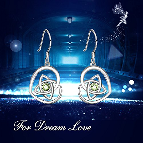 Aoboco Sterling Silver Irish Earrings, French Hook Heart Dangle Drop Celtic Earrings, Simulated Peridot Crystals From Austria, Anniversary Birthday Irish Celtic Jewelry Gifts For Women(Olive Green) #TOP5