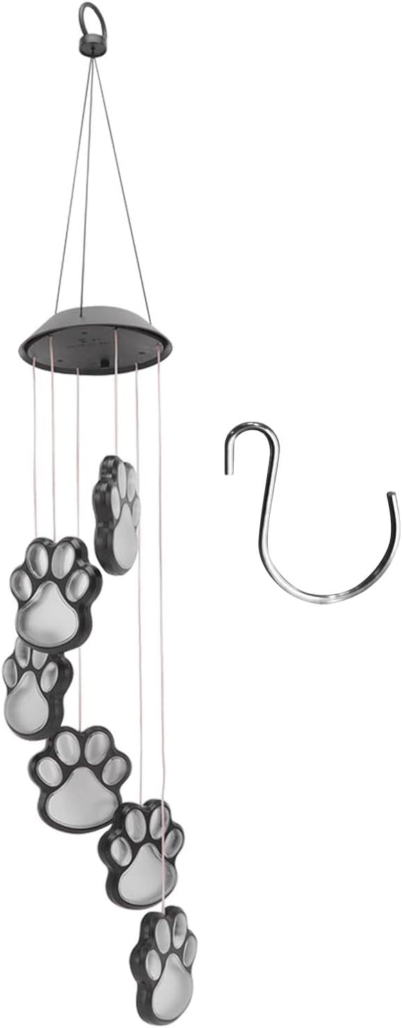 Solar Wind Chimes, Dogs Cat Pet Pawprint Remembrance Wind Chimes,Waterproof Color Changing Solar Hanging Lights,Sympathy Gift for Pet Lover Balcony Patio Yard Living Room Bedroom Decor