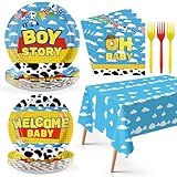 98Pcs Toy Cartoon Story Baby Shower Decorations It’s A Boy Story Plates Napkins Forks Tablecloths Blue Toy Inspired Story Cartoon Themed Tableware Set for Kids Boys Baby Shower Party Supplies Serves24