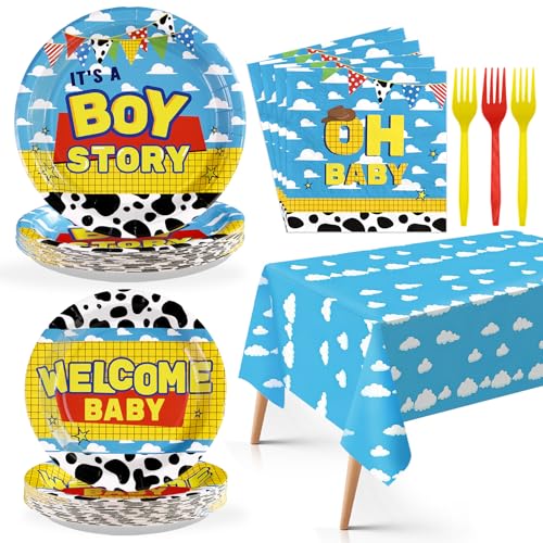 98Pcs Toy Cartoon Story Baby Shower Decorations It’s A Boy Story Plates Napkins Forks Tablecloths Blue Toy Inspired Story Cartoon Themed Tableware Set for Kids Boys Baby Shower Party Supplies Serves24