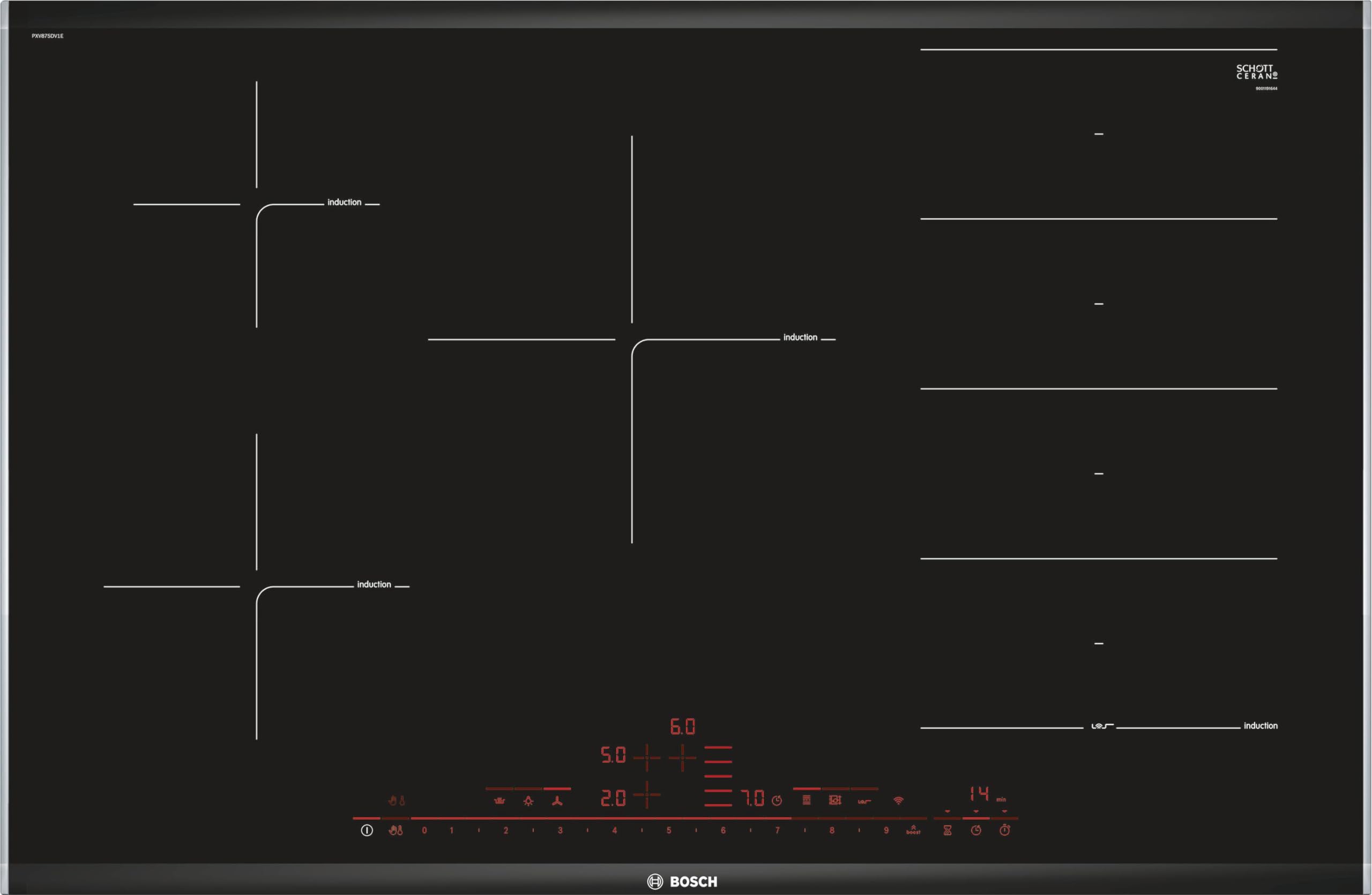 Bosch Placa de Inducción, 80 cm, Serie 8, FlexInducción y 3 Zonas de Cocción, Electrónica DirectSelect, PerfectFry, Negro, PXV875DV1E