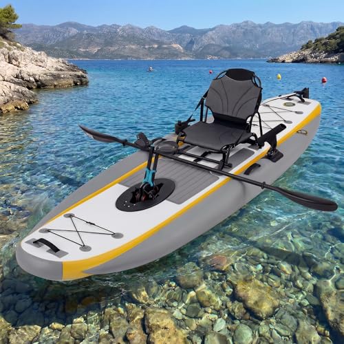 Danrelax Inflatable Kayak with Pedal System 12ft Premium PVC Fishing Kayak Portable & Lightweight with Aluminum Seat Rudder System and Accessories Included Yellow & Grey(HIN Included)