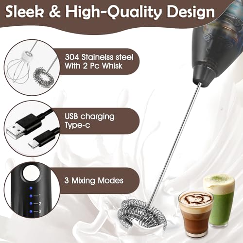 Image of Milk Frother Handheld Rechargeable, Frother Wand Drink Mixer Electric Whisk for Coffee, Detachable With 2 Stainless Whisks, Hand Mixer for Lattes, Matcha, Egg, Kitchen Gifts(Black)