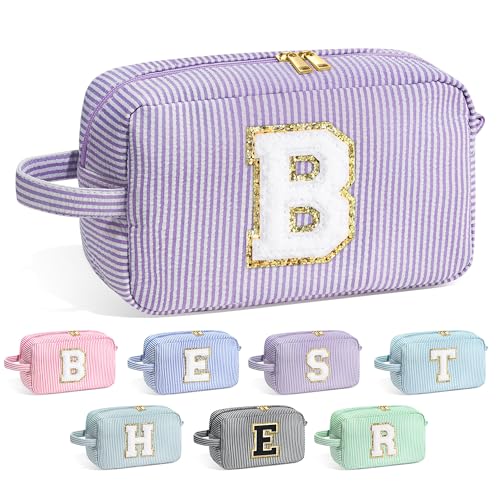 Image of YOOLIFE Bridesmaid Proposal Gifts - Personalized Bridal Shower Bridesmaid Bride To Be Bachelorette Party Gifts Maid Matron Honor Gifts, Monogram Initial Purple Makeup Bag Cosmetic Bag, Purple B