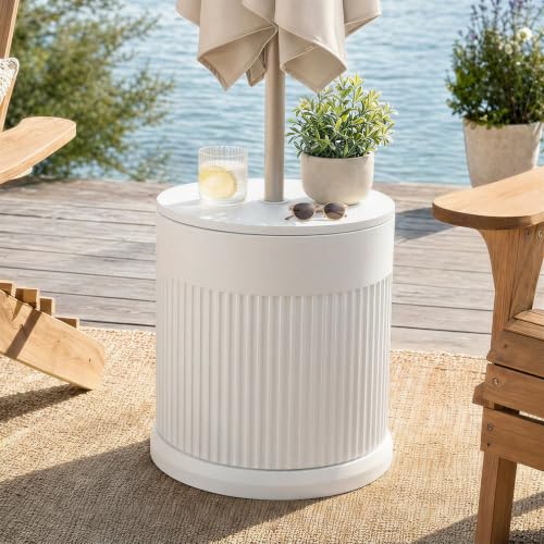 wikiwiki 2-in-1 Patio Umbrella Base & Outdoor Side Table Small Patio Table with Hole Fits 1.5-1.9in Poles 50Lbs Weighted Water Bag HDPE&PP Woodgrain for Patio Deck Poolside & Garden Use White