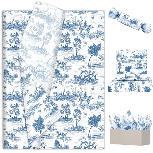 FYSUIMU 100 piezas de papel de seda clásico con estampado de pueblo francés, azul y blanco, paisaje rural, papel de regalo para manualidades, 14 x 20 pulgadas