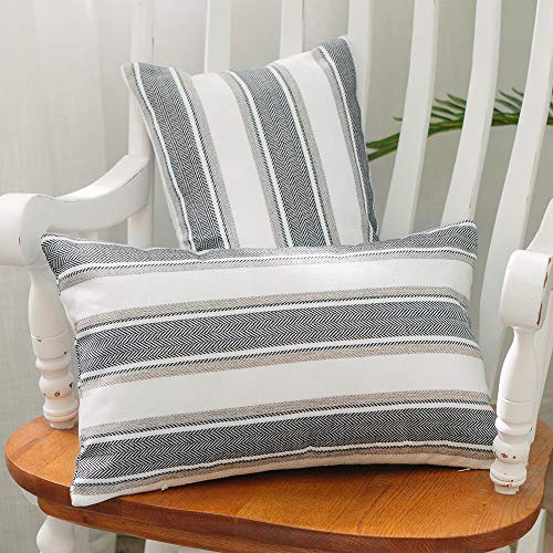 NATUS WEAVER 2 Pc Black Multi Color Stripe Pillow Cases Soft Faux Linen Lumbar Decorative Throw Cushion Cover with Hidden Zipper for Bed Sofa Car 12" x 18"