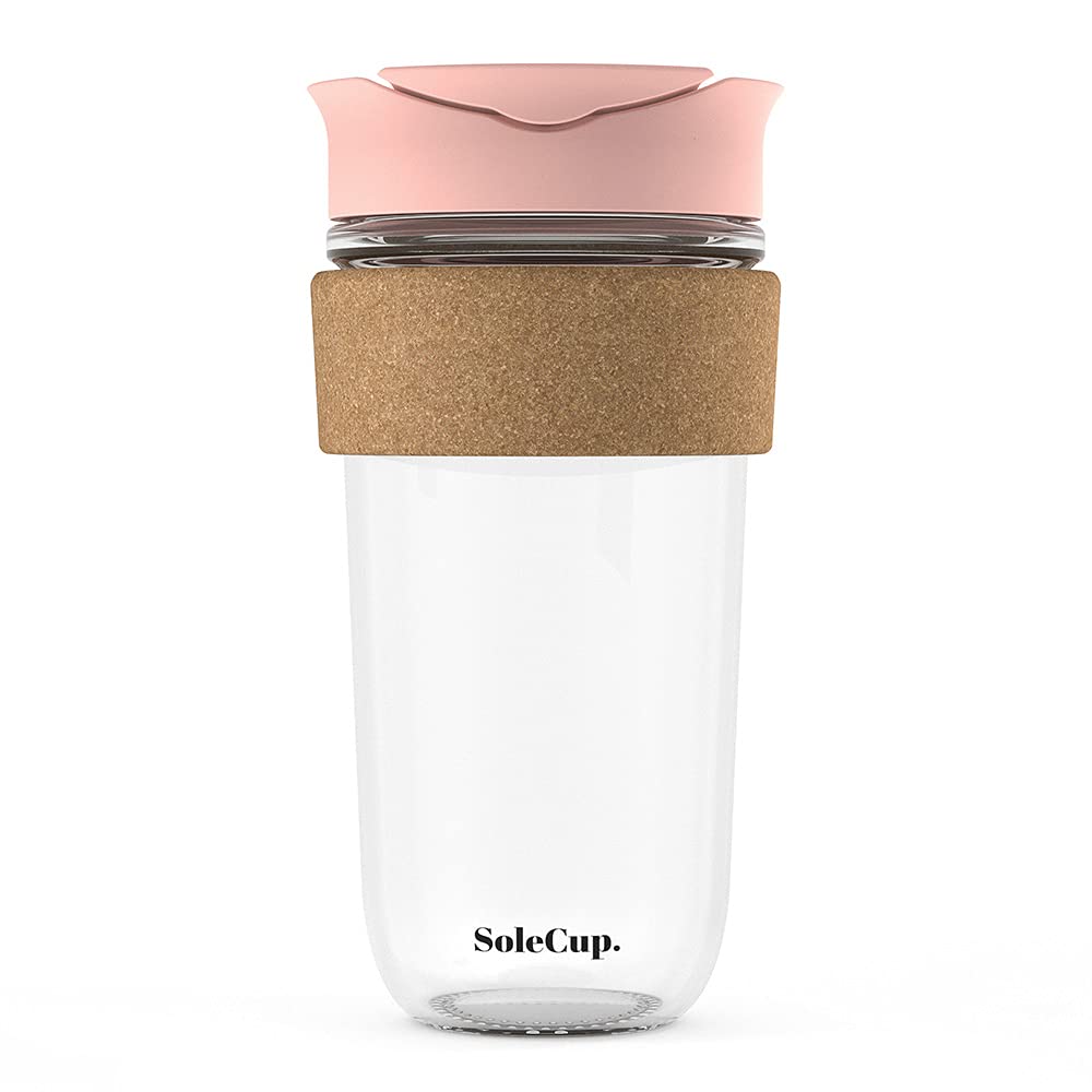 SoleCup. Large Travel Mug - Reusable Strengthened Glass Coffee Mug - 18oz/530ml BPA-Free Hot Drink Travel Mug with Lid & Cork Band (Pink, 530ml / 18oz)