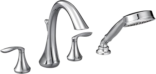 Miniatura 4 de Moen T944-9792 Eva Grifo de bañera romana de arco alto de dos manijas incluye ducha de mano con válvula, cromo
