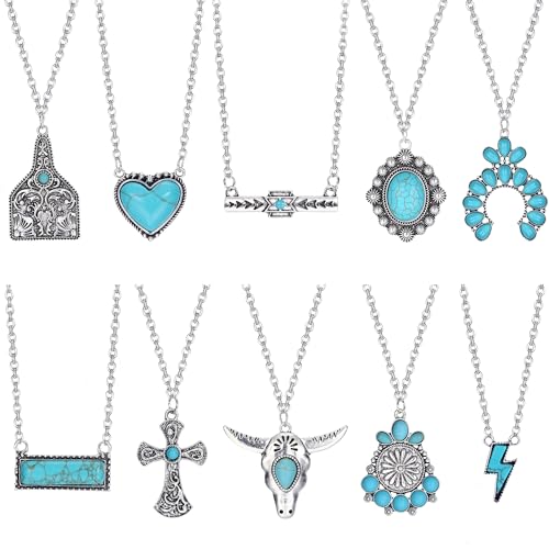 FUNRUN JEWELRY 10Pcs Western Necklaces for Women Turquoise Necklace Cow Tag Lightning Bolt Horseshoe Bar Turquoise Pendant Necklace Cowgirl Boho Western Jewelry Set