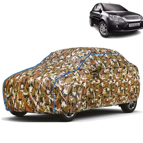 Image of Kerwa Car Cover Waterproof All-Weather Resistant with Ford Fiesta Classic UV Protection Scratch Proof Soft Cotton Inner Layer Triple Stitched Elastic Bottom with Mirror Pockets (Army)