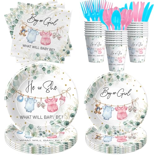 APOWBLS Gender Reveal Decorations Greenery Baby Clothes Theme Boy or Girl Gender Reveal Baby Shower Party Supplies He or She Paper Plates and Napkins Set Cups Disposable Cutlery Serves 24