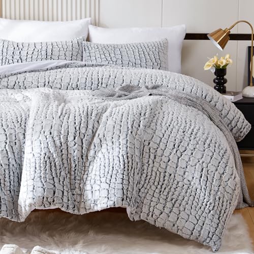 YIYEA Fluffy Duvet Cover Set - Ultra Soft Plush Faux Fur Comforter Cover Queen Size - Warm Fuzzy Velvet Bedding Sets for Winter - 3PC, 1 Duvet Cover & 2 Pillowcases (Crocodile Pattern)