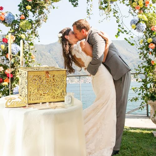 Image of Glittery Gold Wedding Card Box with Lock, Wooden Gift Card Box for Wedding Reception, Elegant Wedding Money Envelope Card Box Holder for Party Graduation Birthday Baby Shower Decorations
