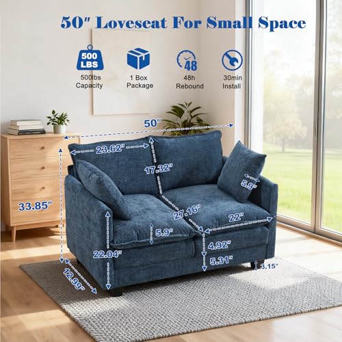 Image of 50'' Loveseat Sofa Cloud Sofa Couch, Modern Loveseats 2 Seat Couch 27 inch Deep Seat with 2 Pillows for Small Spaces Apartment Studio Office Bedroom Living Room, Blue