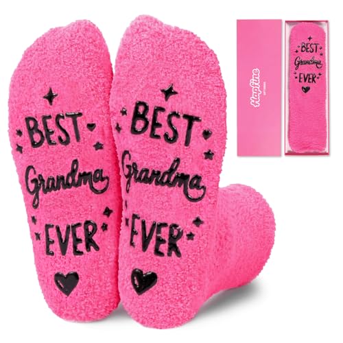 Hapfine Best Grandma Ever Gifts - Dark Pink Fuzzy Socks with Hearts & Cupcake Packaging - Non Slip Slipper Socks - Funny Birthday for Nana & Mimi (Dark Pink)