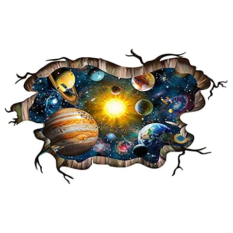 3D Broken Blue Cosmic Galaxy Wall Decals, Magic Milky Way Outer Space Planet Wall Stickers, Creative Stars and Solar System Wallpaper for Kids Boys Floor Ceiling Living Room Bedroom Home Decor Cover