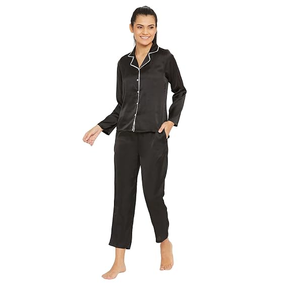 Wine Satin Plain Night Suit Set 