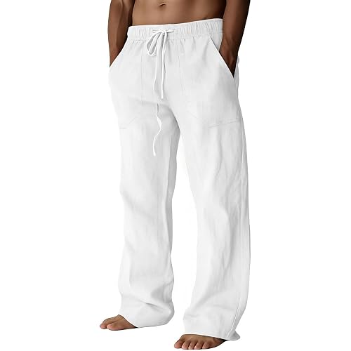 Puimentiua Cotton Linen Pants Men Casual Loose Fit Elastic Drawstring Waist Summer Beach Pants