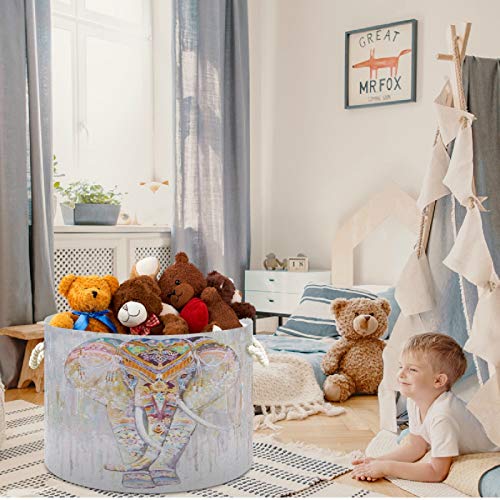 Image of visesunny Storage Basket Indian Painted Elephant Spotted Nursery Hamper Basket Clothes Toy Storage Organizer Bin Box Collapsible Laundry Bag for Kid Room,Playroom,Bathroom,Living Room,Dorm,Office