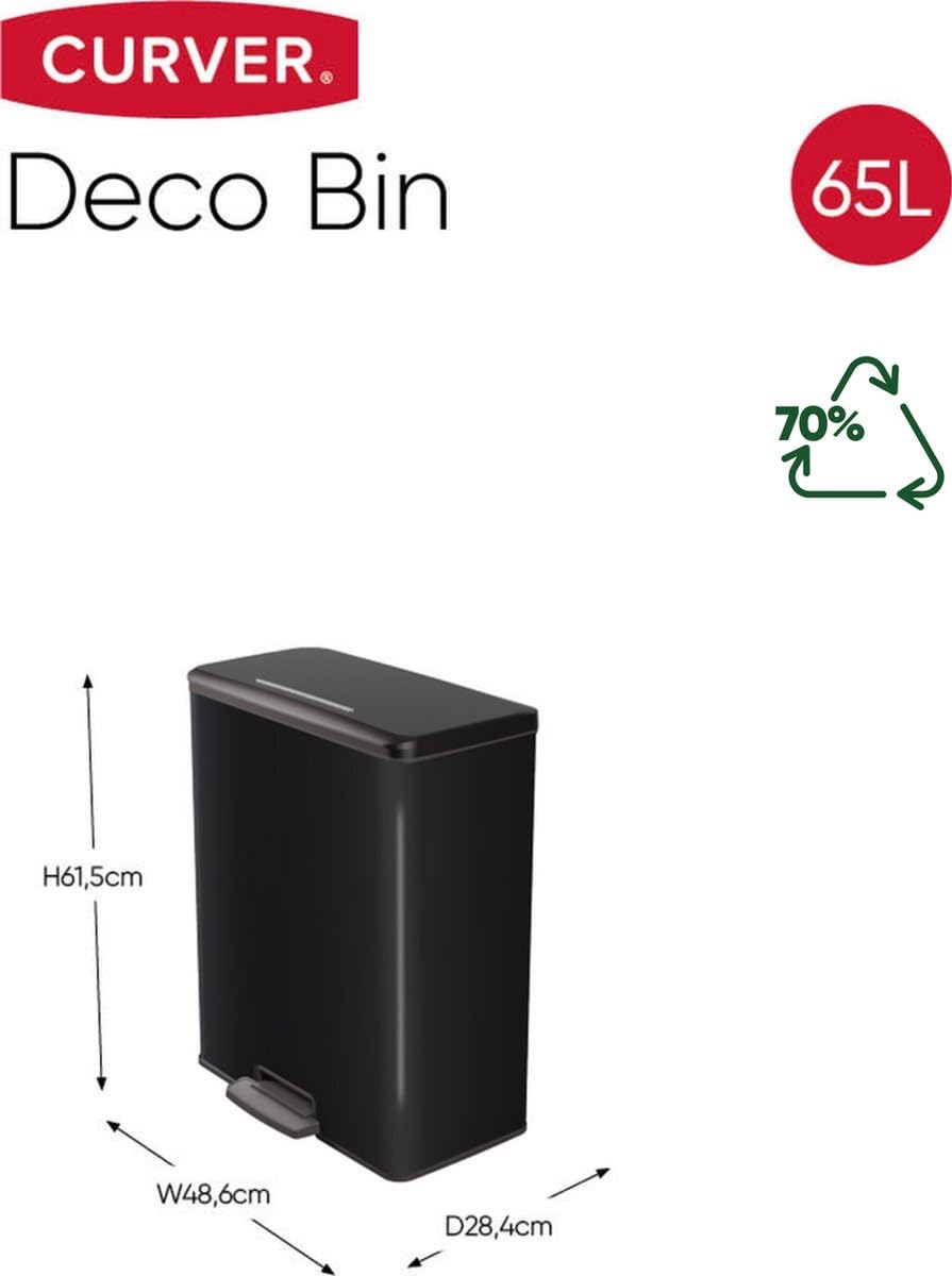 Curver Decobin Mülleimer 65L Rechteckig - Pedaleimer mit Soft-Close Mechanismus und Geruchsdichtem Deckel - Recycling Abfalleimer aus Kunststoff für Küche - Schwarz