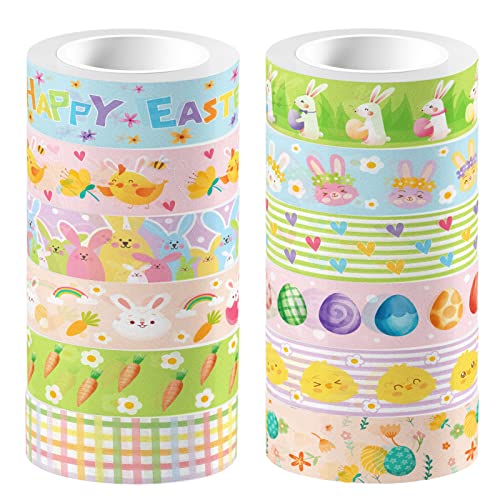 12 Rolls Spring Easter Happy Easter Chick Eggs Bunny Plaid Pattern Washi Masking Tape Easter Decorative Paper Stickers for Easter Spring Holiday Kids Scrapbook Gift Packing DIY Crafts