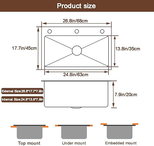 Miniatura 16 de Fregadero de cocina negro con caída en el fregadero de acero inoxidable con 3 agujeros, fregadero de estación de trabajo de montaje superior, lavabo